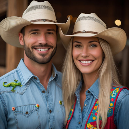 Portrait of a happy young couple in cowboy hats smiling at cameraの素材