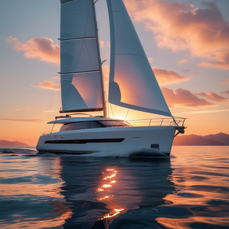 Yacht in the sea at sunset. 3D Rendering.の素材