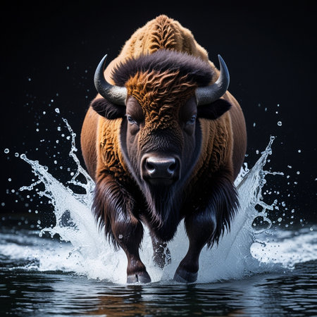 Bison standing in water on black background with splashes of waterの素材
