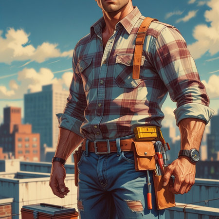 Close-up of a male construction worker with a tool belt.の素材