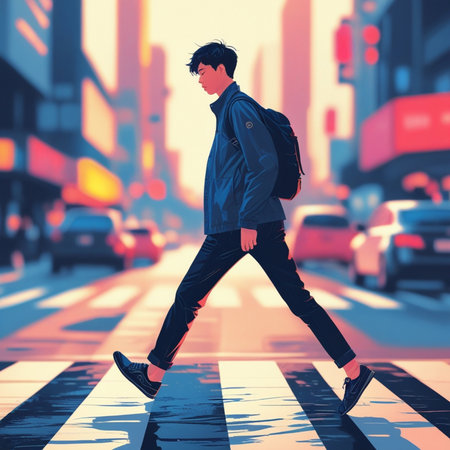 Young man walking in the city. Concept of fashion and style.の素材