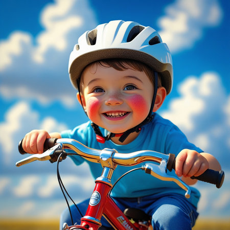 Little boy in helmet riding a bike on the background of blue skyの素材