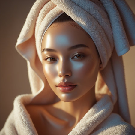 Beautiful woman in bathrobe and towel on her head. Beauty, spa concept.の素材