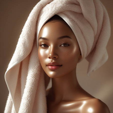 Beautiful African American woman with towel on her head. Beauty, spa.の素材