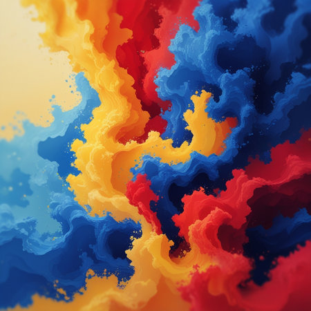 abstract background with red, orange, yellow and blue paint splashesの素材