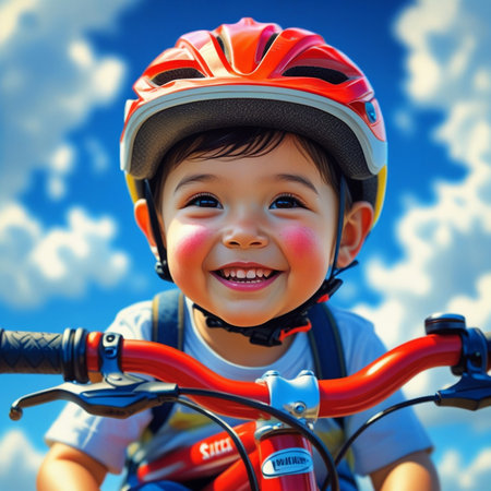 Happy boy in helmet riding bicycle on blue sky background. Active family lifestyle.の素材