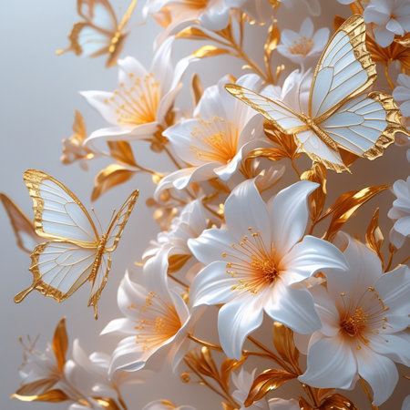 Beautiful white lily flowers with golden butterflies on a light background.の素材