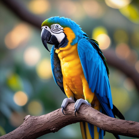 Beautiful macaw parrot sitting on a branch in the parkの素材