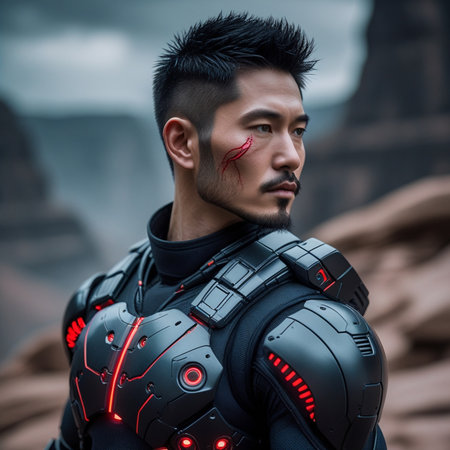 Portrait of a futuristic man in an alien suit with blood on his faceの素材