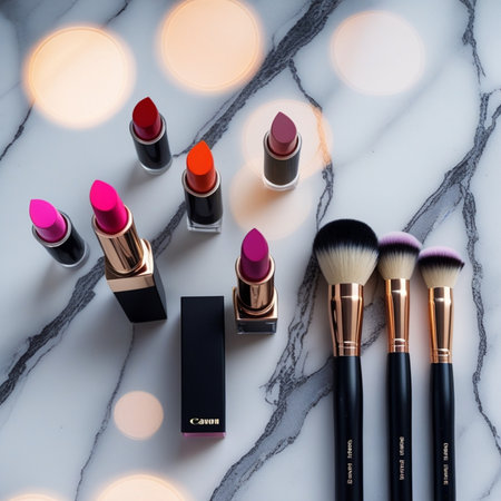 Cosmetic branding, girly and glamor concept - Lipstick setle background, make-up and cosmetics product for luxury beauty brand, holiday flatlay design for luxury beauty brand adsの素材