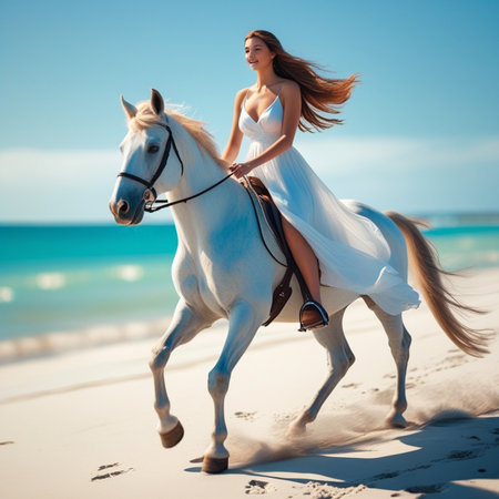Beautiful young woman riding a white horse on the beach. Vacation concept.の素材