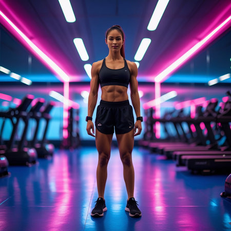 Athletic young woman in sportswear standing in a gym and looking at cameraの素材