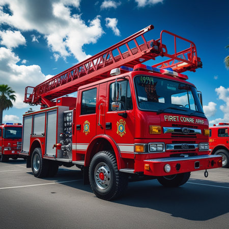 Red firetruck on the background of blue sky with clouds.の素材