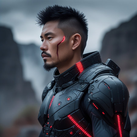 3D rendering of a male cyborg with blood on his faceの素材