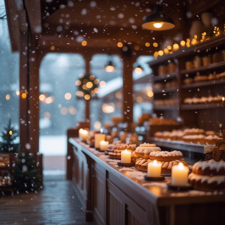 Christmas bakery with lots of cakes and candles on the counter in the restaurantの素材