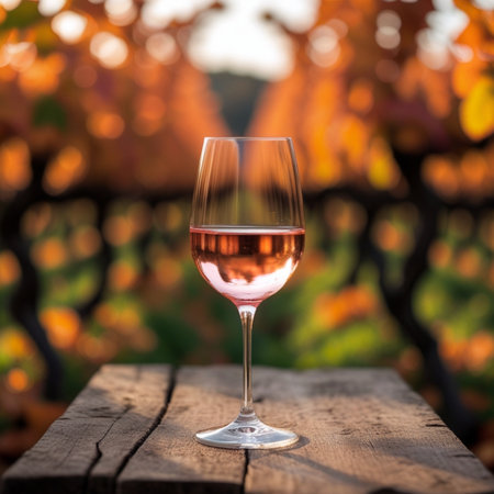 Wine glass on a wooden table in vineyard at sunset.の素材