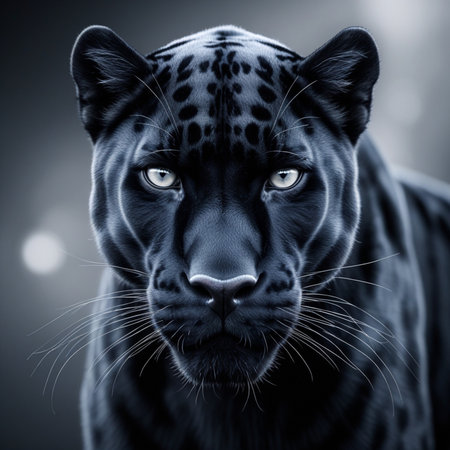 Portrait of a beautiful black panther on a dark background.の素材