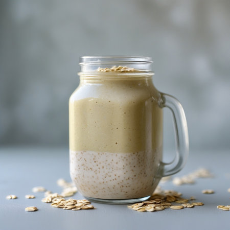 Oatmeal smoothie in a mason jar on a gray background.の素材