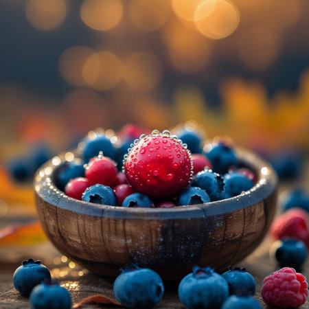 Blueberries and raspberries in a wooden bowl with water dropsの素材