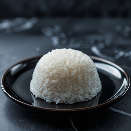 Rice in a plate on a dark background. Selective focus.の素材