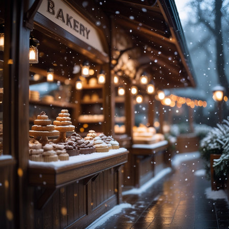 Christmas market in Paris, France. Cakes and gingerbread on a snowy streetの素材