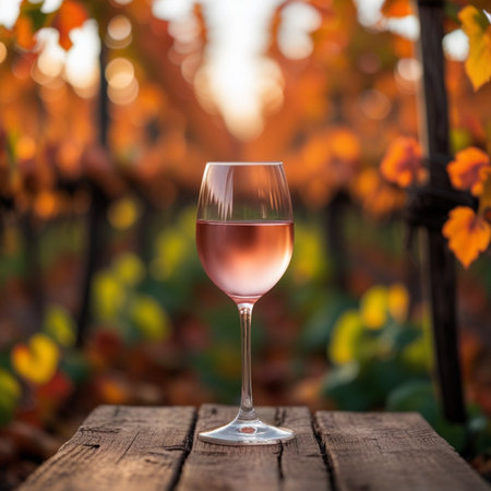 Glass of rose wine on vineyard in autumn. Selective focusの素材