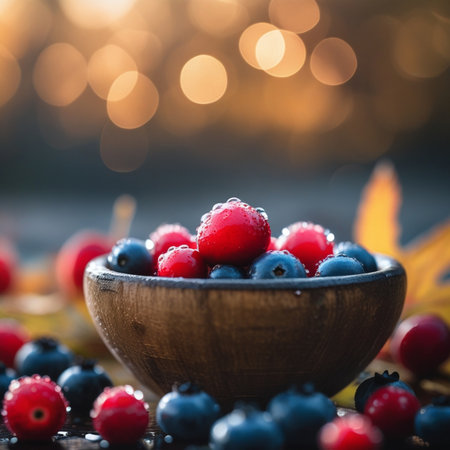 Blueberries and cranberries in a wooden bowl with bokeh backgroundの素材