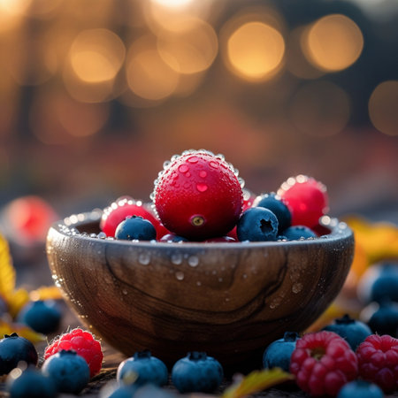 Fresh blueberries and raspberries in wooden bowl with water dropsの素材