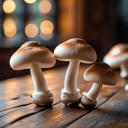 Mushrooms on a wooden table with bokeh background.の素材