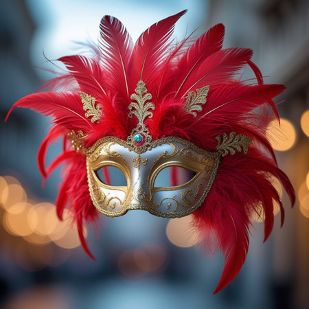 Venetian carnival mask with feathers on bokeh backgroundの素材