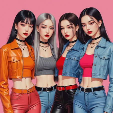 Group of beautiful young women in stylish clothes posing on pink background. Beauty, fashion.の素材