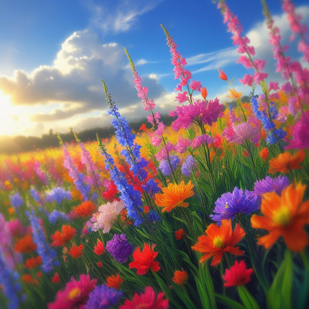 Beautiful meadow with colorful flowers at sunset. Nature background.の素材