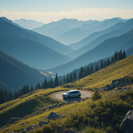 Beautiful mountain landscape with car on the road in the mountains.の素材
