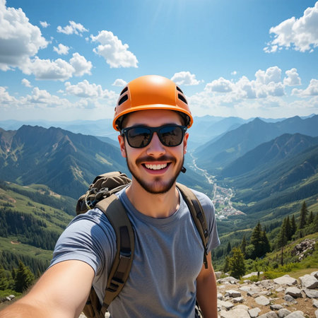 Hiker taking selfie on the top of a mountain during summer vacationの素材