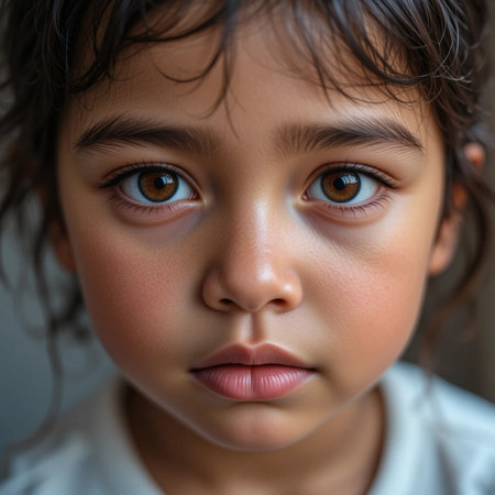 Portrait of a cute little girl with brown eyes, close-upの素材