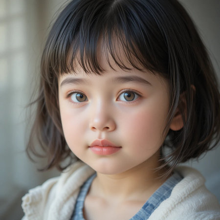 Portrait of little Asian girl with blue eyes in the roomの素材