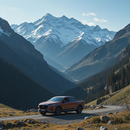 Cars in the mountains against the backdrop of snow-capped mountainsの素材