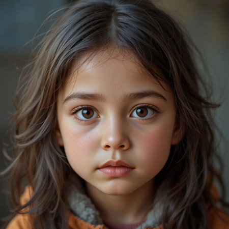 portrait of a little girl in an orange coat, close-upの素材