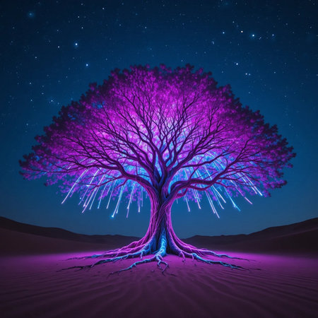 Illustration of a magic tree in the desert with stars in the backgroundの素材