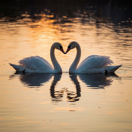 Two swans on the lake at sunset. The mute swan, Cygnus olorの素材