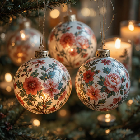 Beautiful Christmas balls on the branches of a Christmas tree with candlesの素材