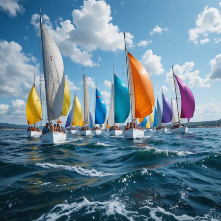 Sailing regatta. Group of sailboats in the sea.の素材