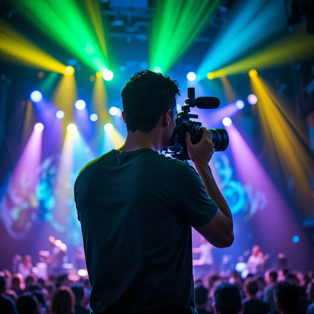 Photographer with camera taking photo of concert crowd in front of stageの素材