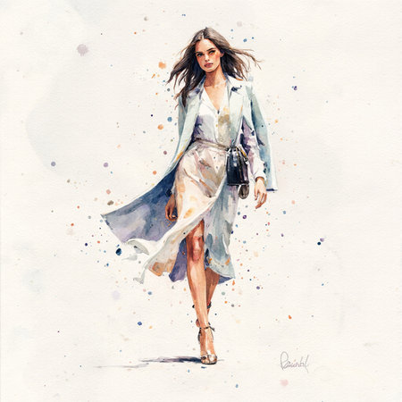 Watercolor fashion illustration of a beautiful young woman in stylish clothes.の素材