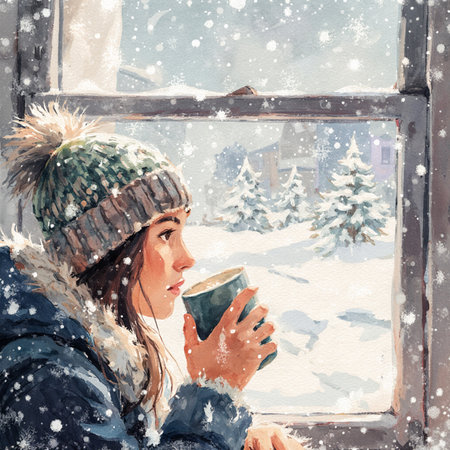 Young woman drinking coffee near the window in winter. Digital watercolor painting.の素材