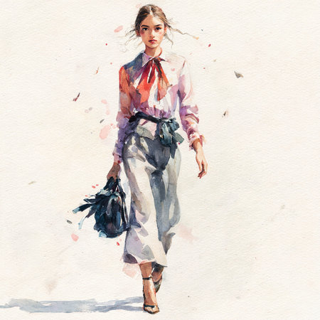 Watercolor fashion illustration. Stylish girl in white skirt and blouseの素材