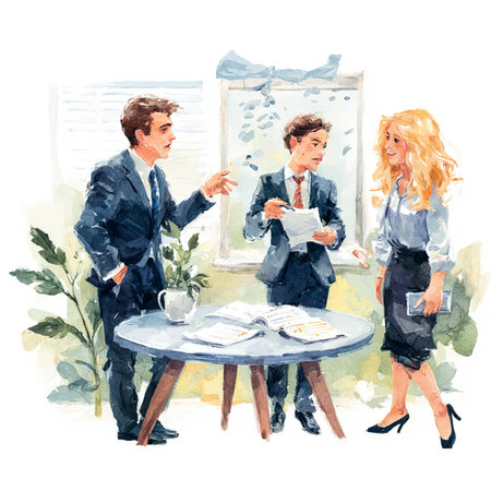Businessman and businesswoman talking in office. Watercolor illustration.の素材