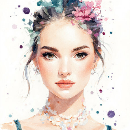 Beautiful girl with flowers in her hair. Watercolor painting.の素材