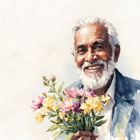 Digital composite of Portrait of old man with flowers against white backgroundの素材