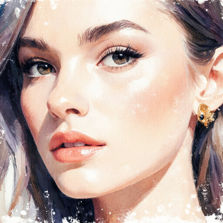 Digital painting of a beautiful young woman with long eyelashes and evening make-up.の素材
